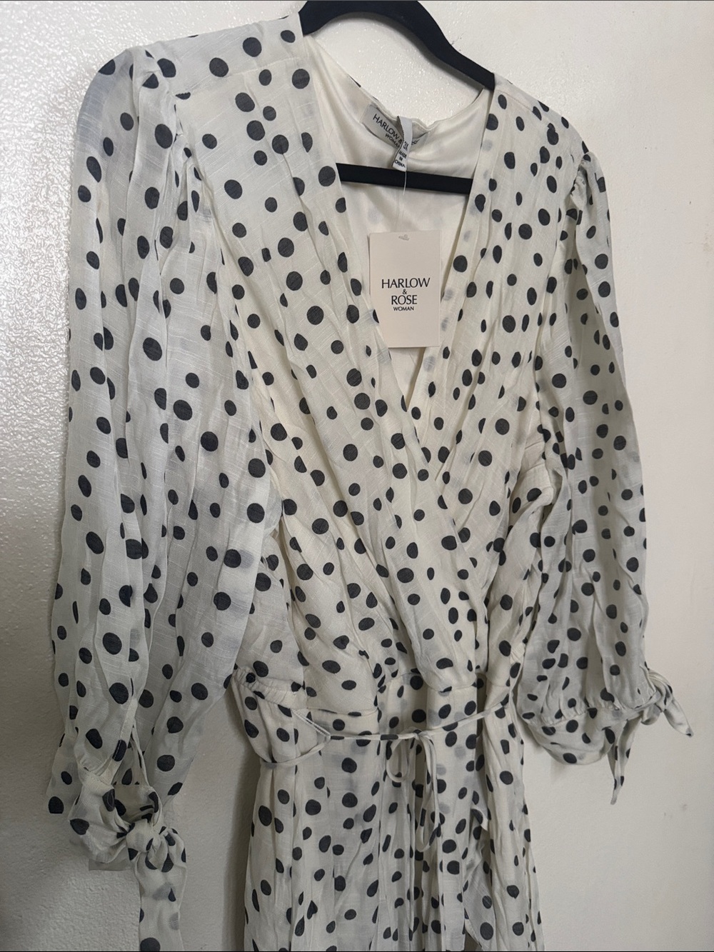 White Polka Dot Wrap Midi Dress with Self-Tie Waist